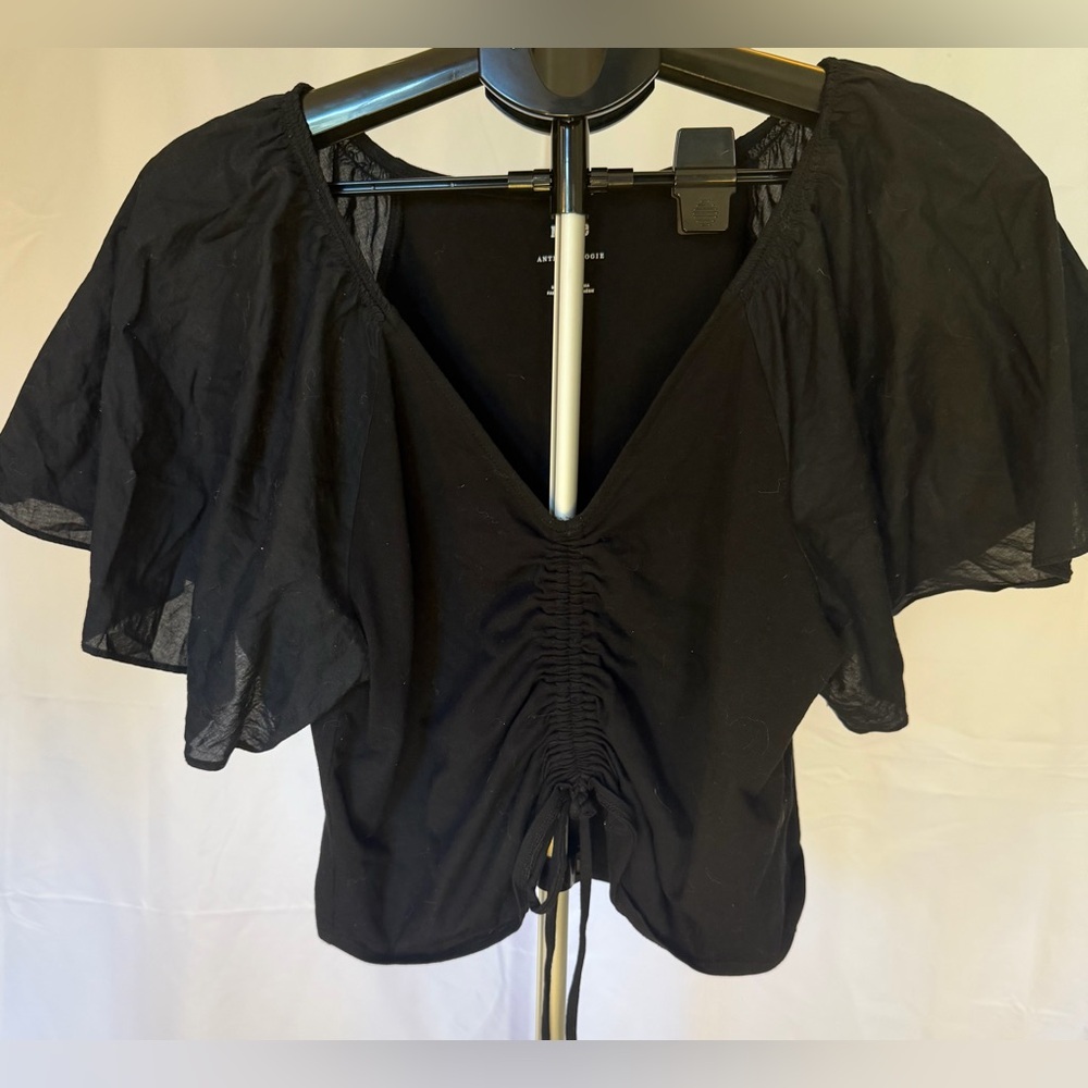 Maeve Anthropologie Black Ruched Front Blouse crop Flutter Sleeve Top xl cotton